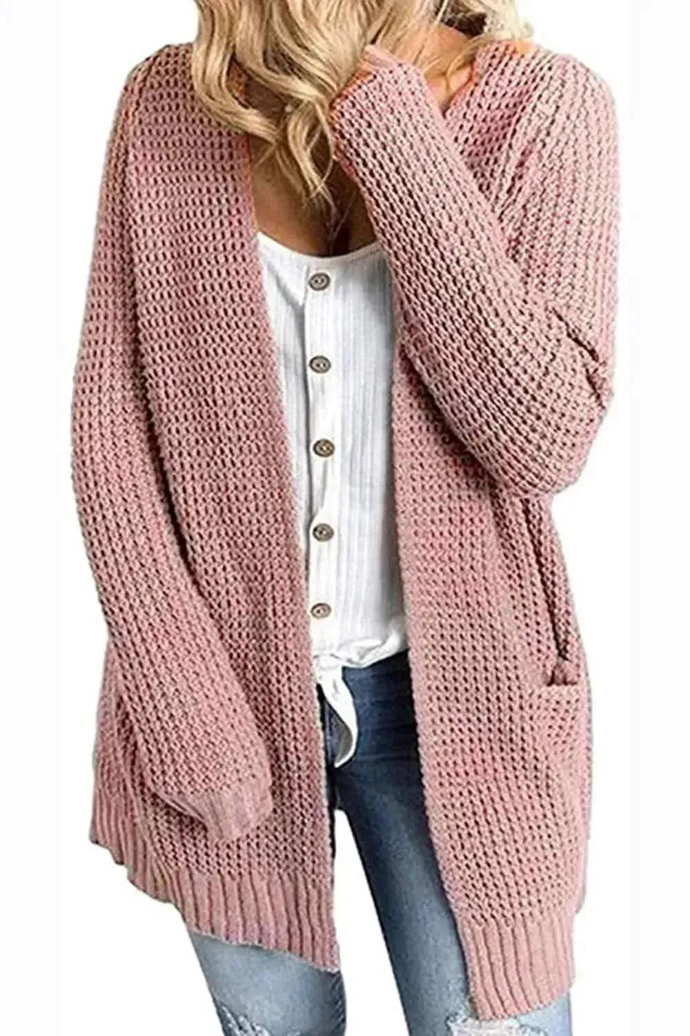 Rib-Knit Open Front Pocketed Cardigan - Bad Moms Club