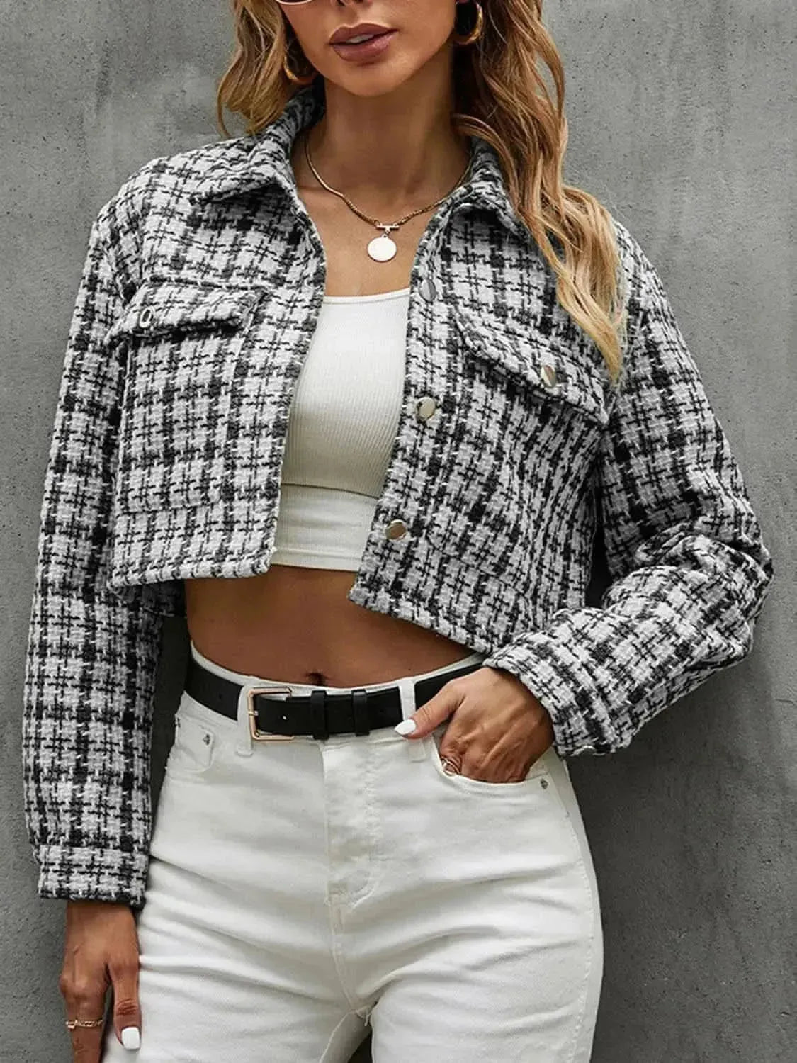 Plaid Button Up Collared Neck Long Sleeve Jacket - Bad Moms Club