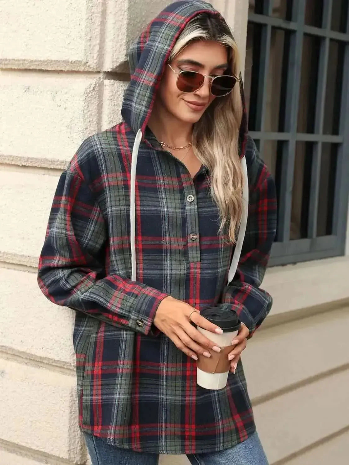 Drawstring Plaid Hooded Long Sleeve Top - Bad Moms Club