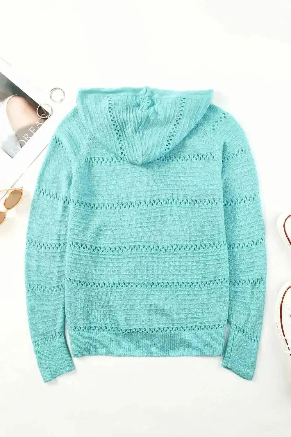 Zip-Up Raglan Sleeve Openwork Hooded Cardigan - Bad Moms Club