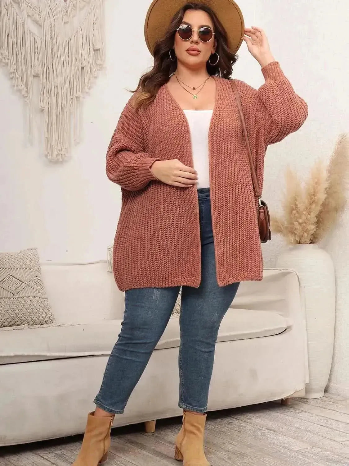 Plus Size Open Front Dropped Shoulder Knit Cardigan - Bad Moms Club