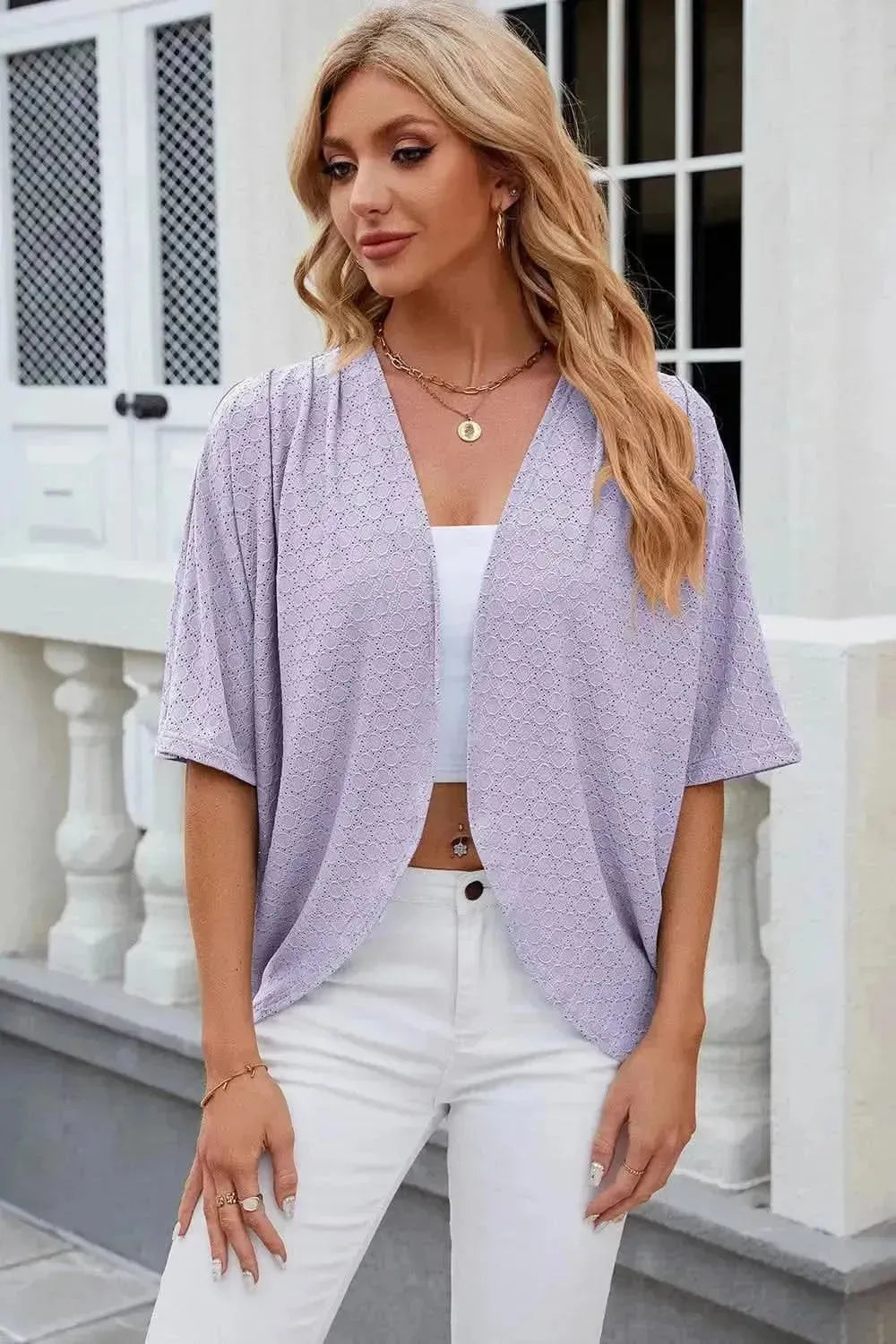 Eyelet Open Front Half Sleeve Cardigan - Bad Moms Club