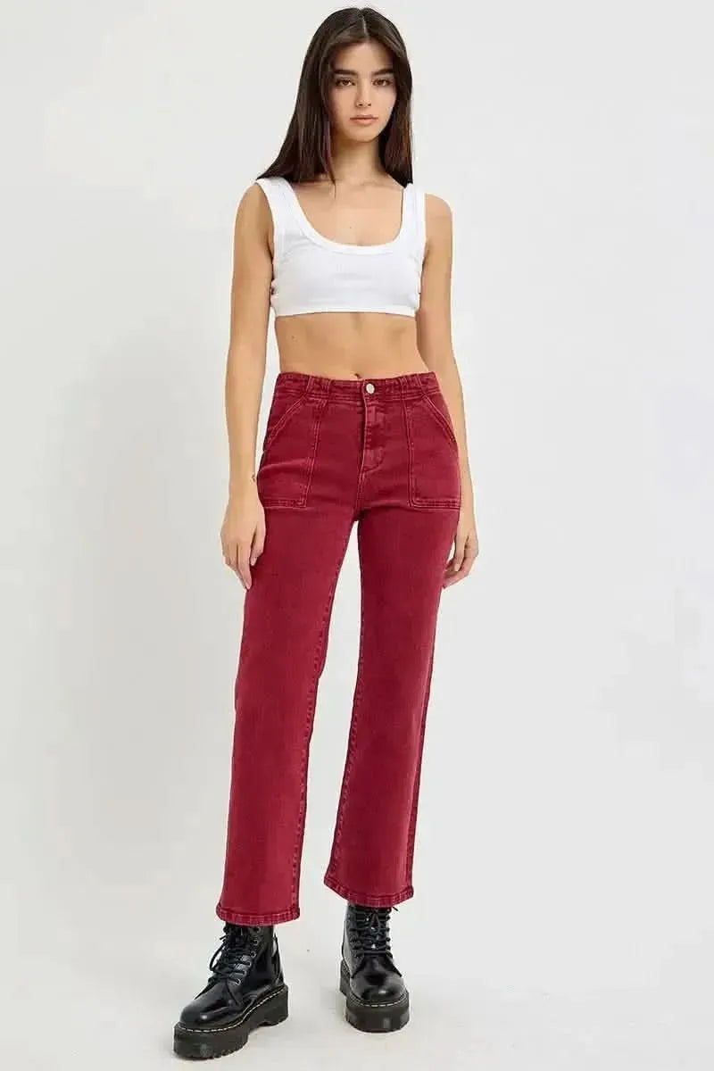 RISEN Full Size High Rise Straight Jeans with Patch Pockets - Bad Moms Club