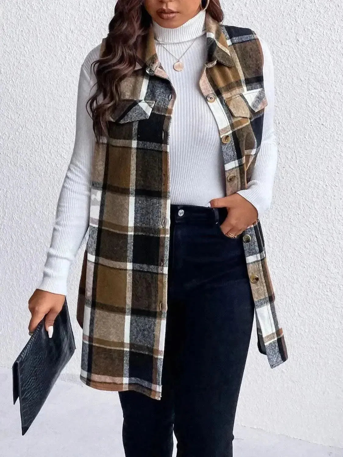 Honey Plus Size Pocketed Plaid Button Up Vest Coat - Bad Moms Club