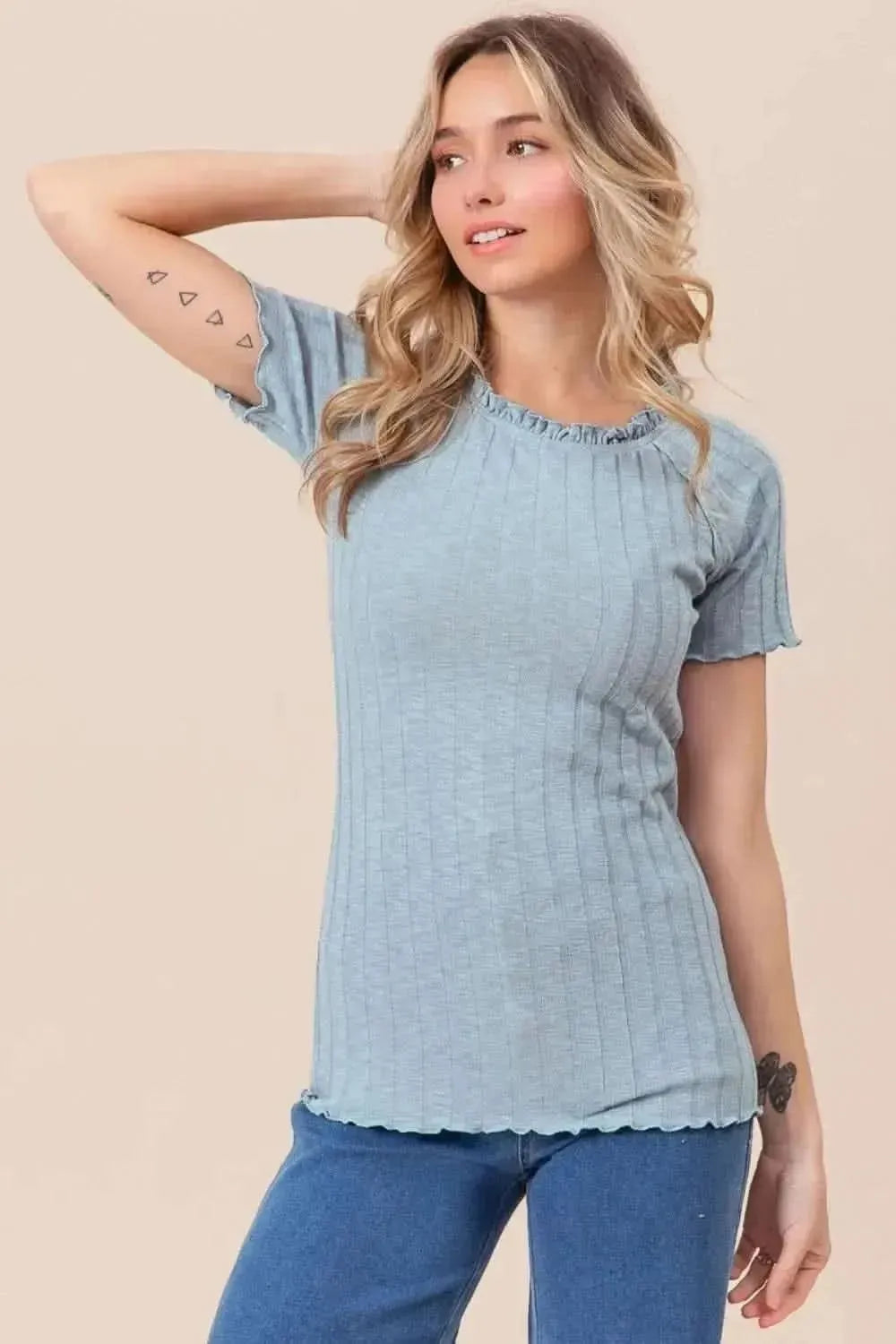 BiBi Ruffle Round Neck Merrow Edge Rib Top - Bad Moms Club