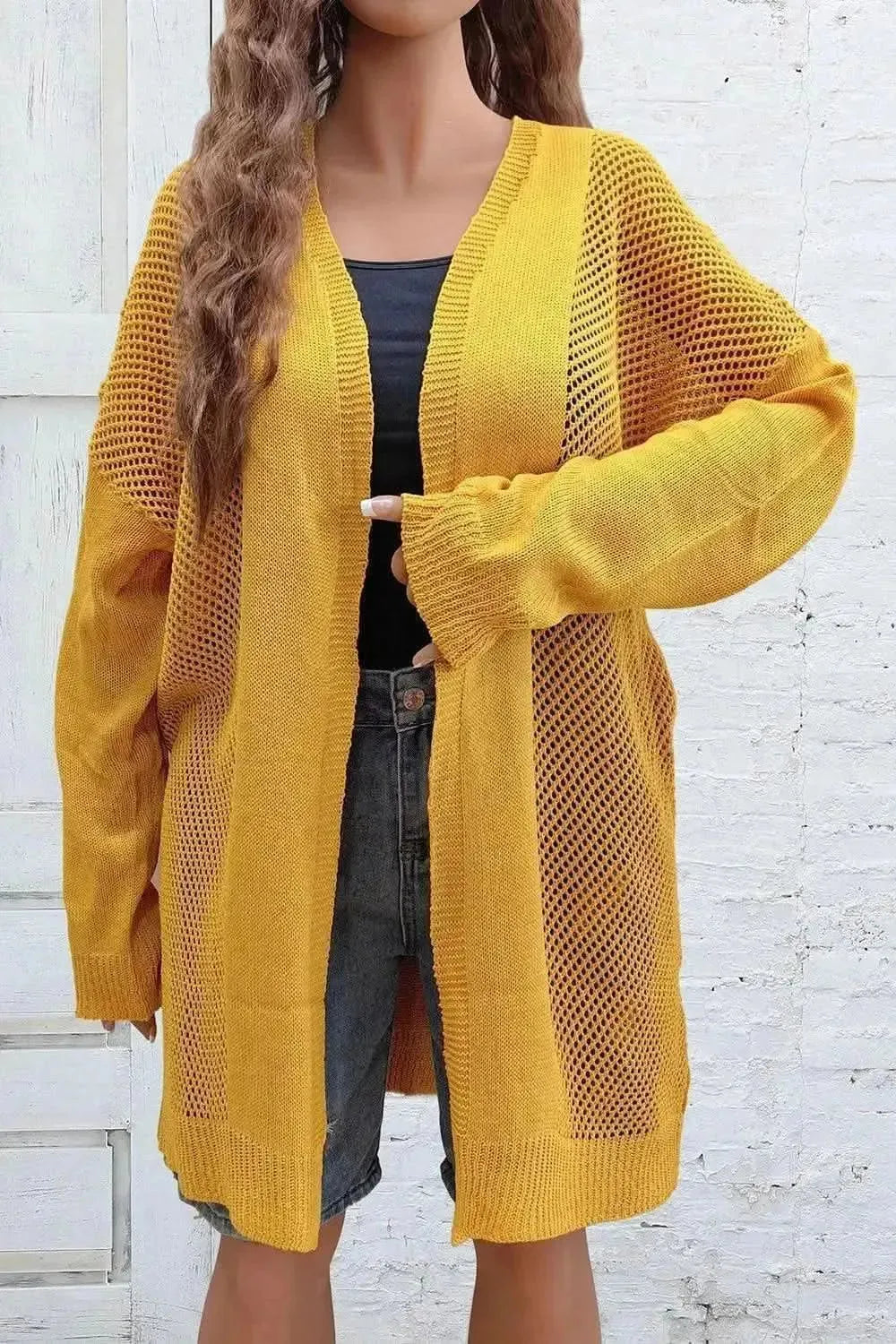 Plus Size Openwork Long Sleeve Open Front Cardigan - Bad Moms Club