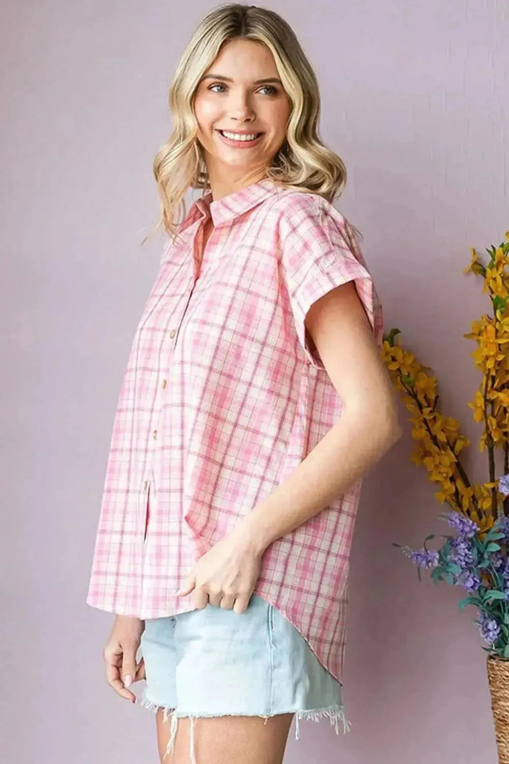 Cotton Bleu by Nu Lab Plaid Collared Neck Short Sleeve Shirt - Bad Moms Club