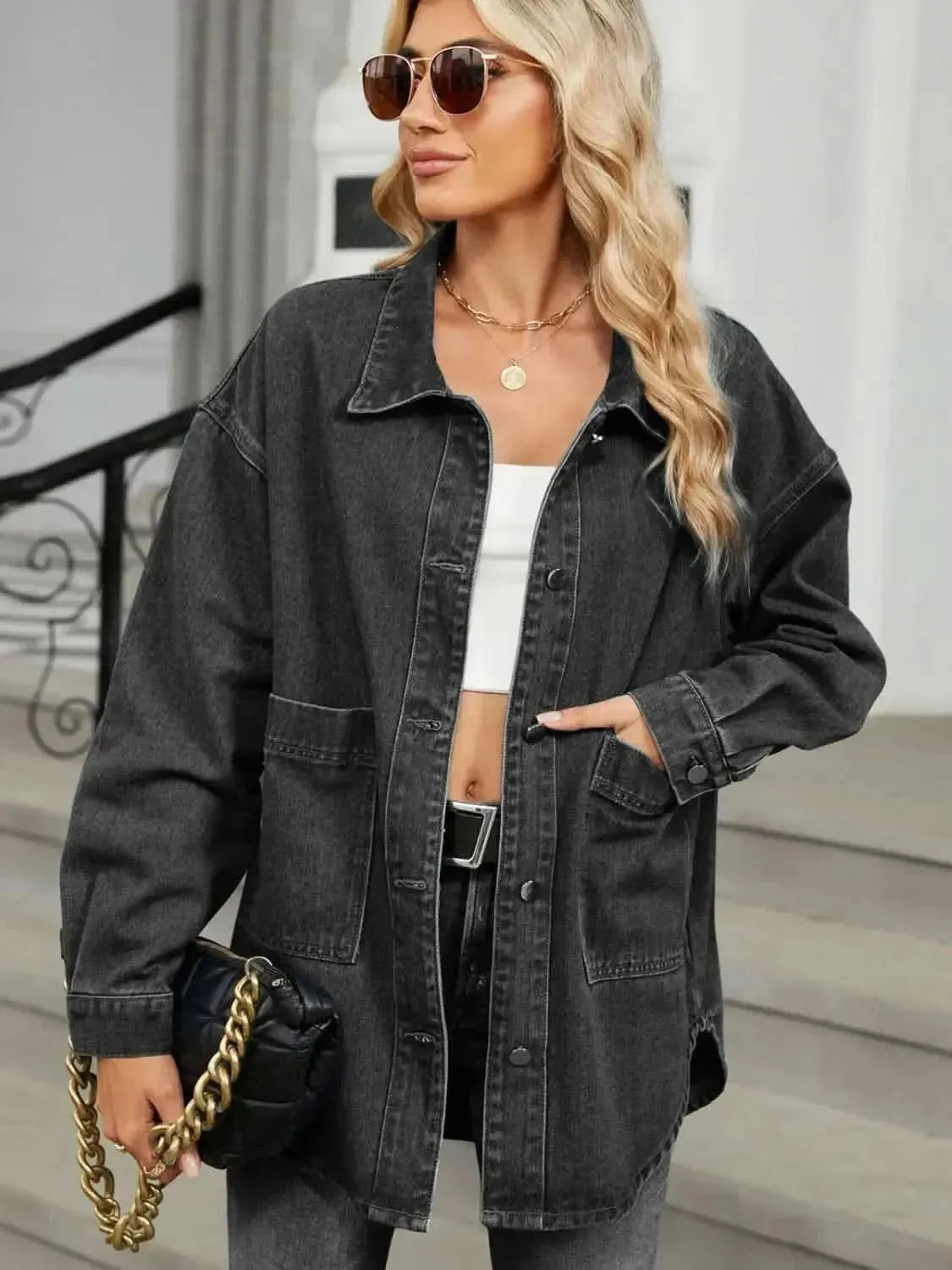 Removable Hood Button Up Long Sleeve Denim Jacket - Bad Moms Club