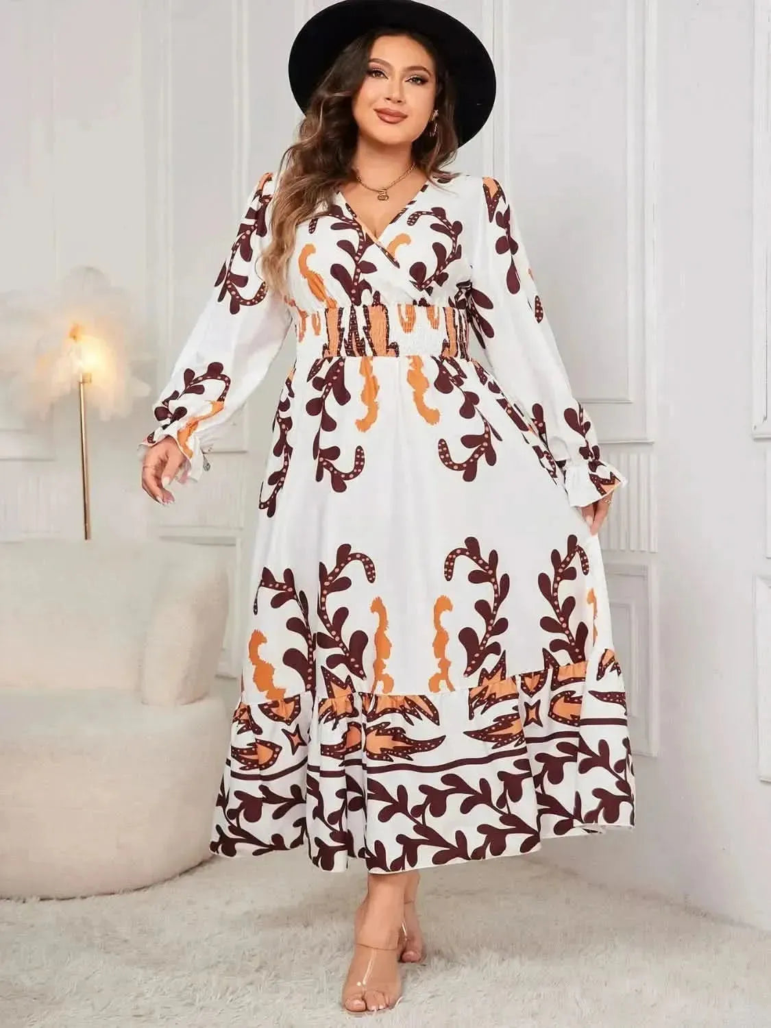 Honey Plus Size Printed Surplice Flounce Sleeve Dress - Bad Moms Club