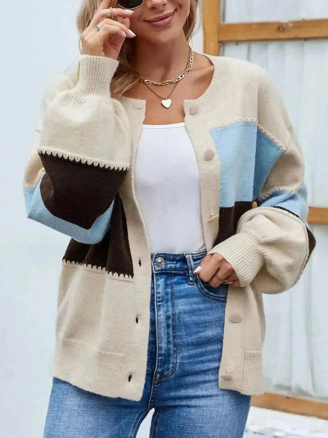 Color Block Button Up Lantern Sleeve Cardigan - Bad Moms Club