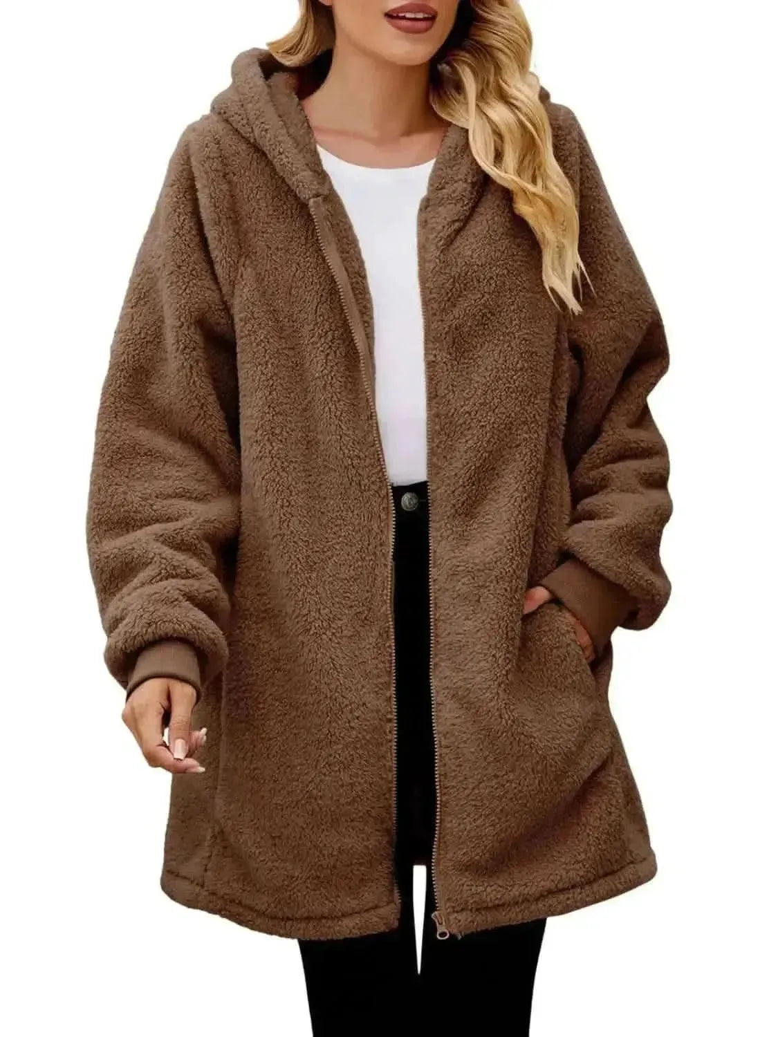 Fuzzy Pocketed Zip Up Long Sleeve Hooded Jacket - Bad Moms Club