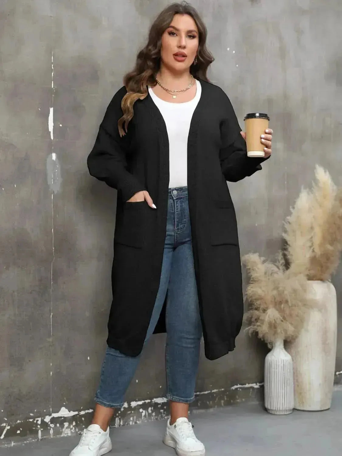 Plus Size Long Sleeve Pocketed Cardigan - Bad Moms Club