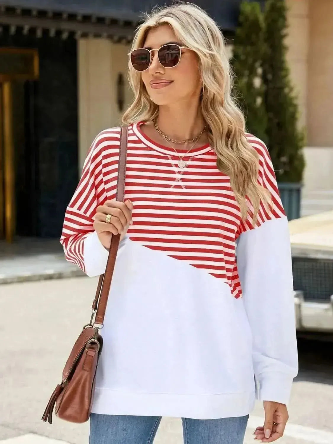 Slit Contrast Striped Long Sleeve Sweatshirt - Bad Moms Club