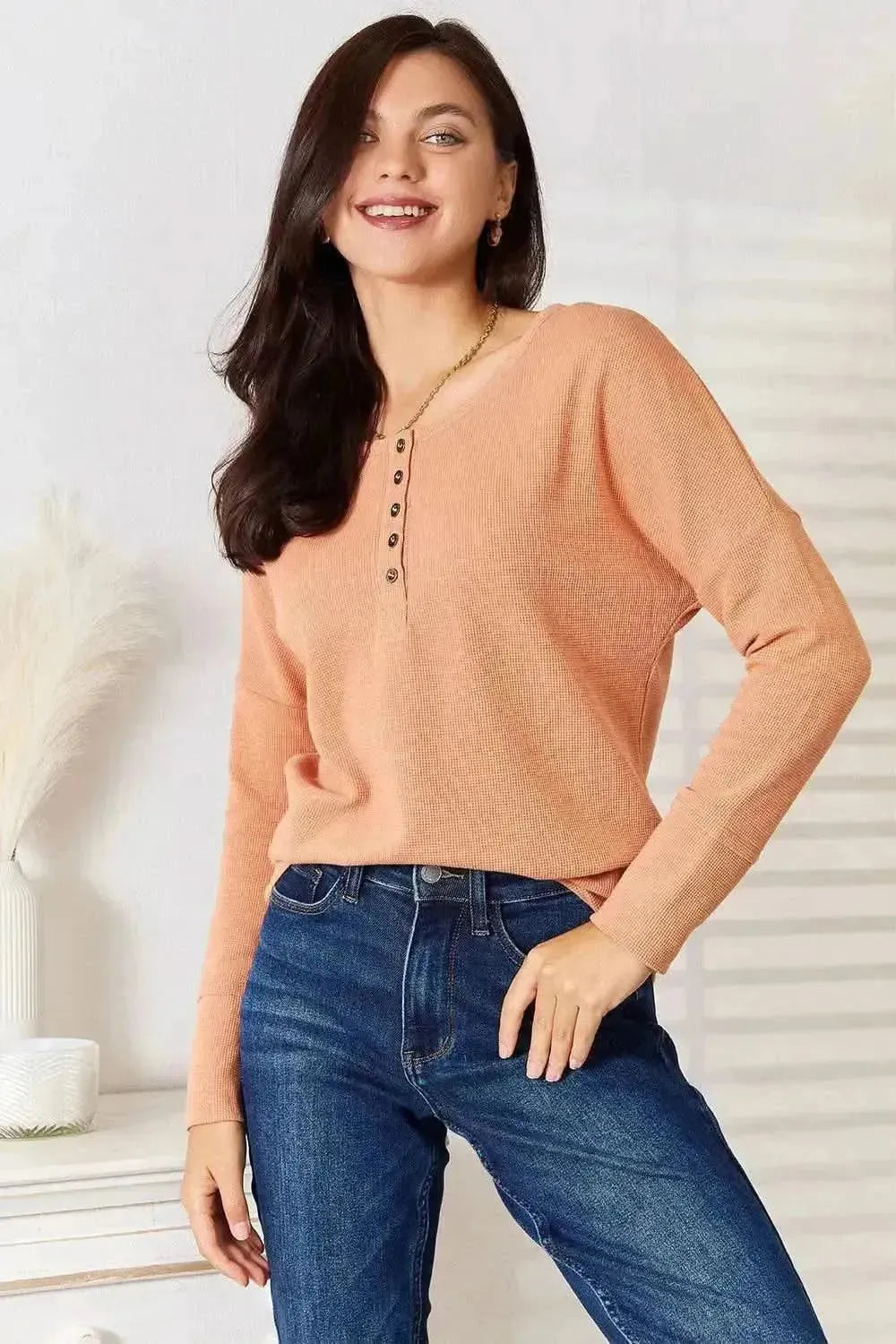 Basic Bae Half Button Long Sleeve Top - Bad Moms Club