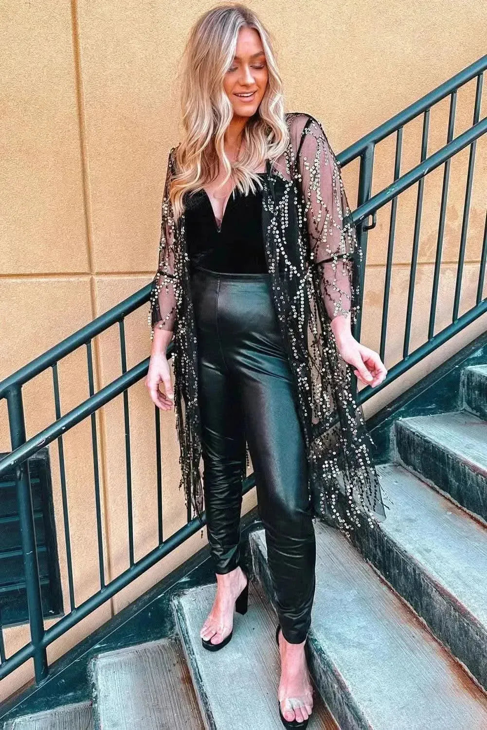 Sequin Open Front Sheer Cardigan - Bad Moms Club