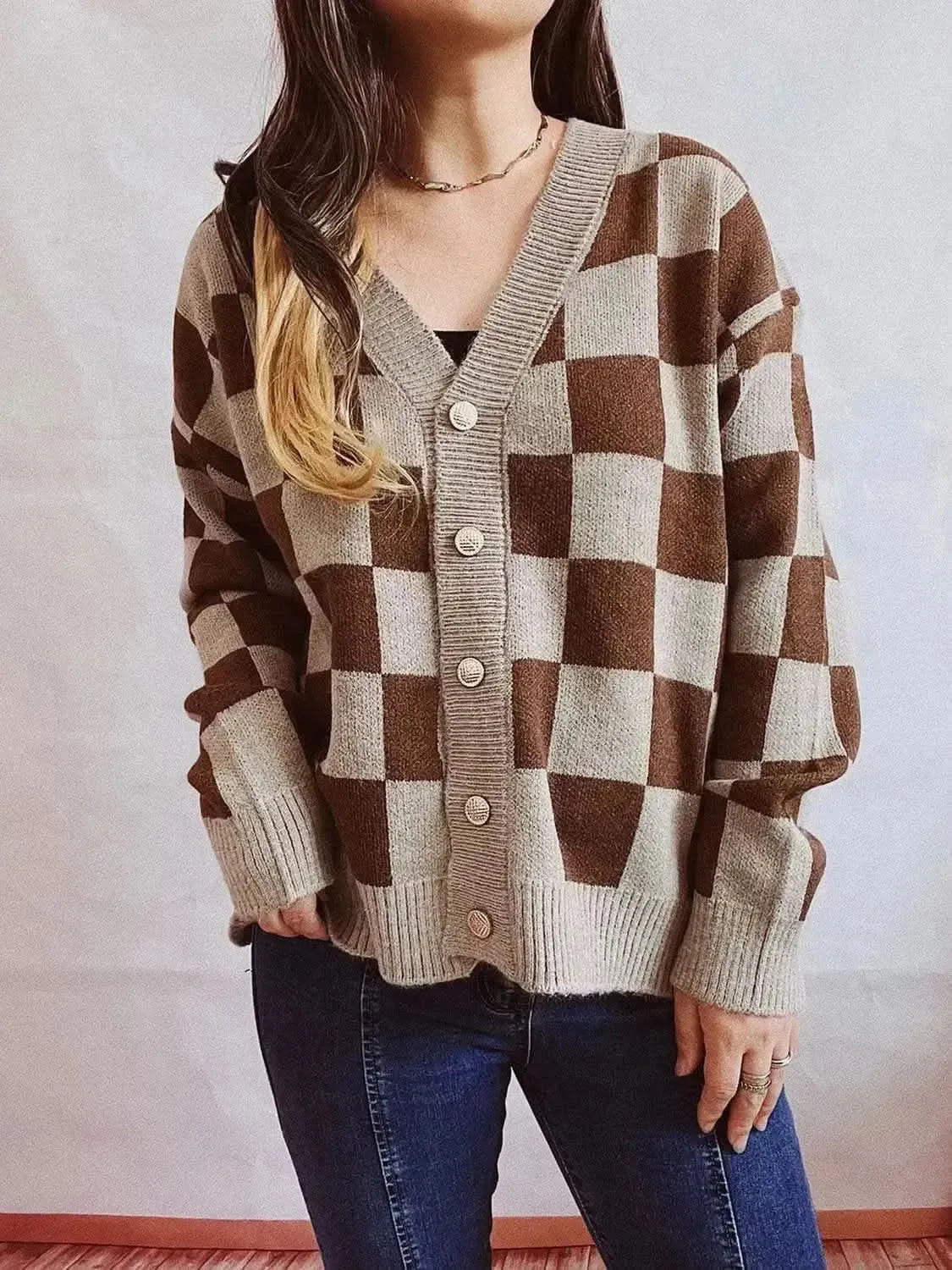 Checkered Open Front Button Up Cardigan - Bad Moms Club