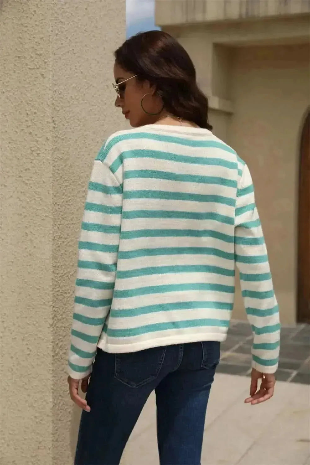 Striped Round Neck Button-Down Dropped Shoulder Cardigan - Bad Moms Club
