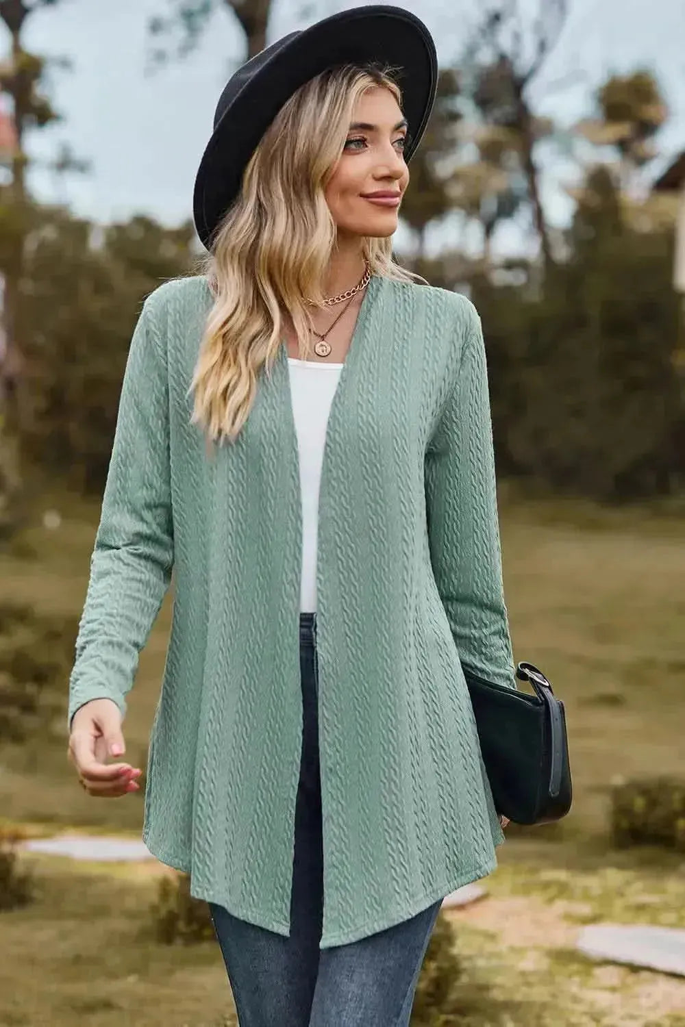 Textured Open Front Long Sleeve Cardigan - Bad Moms Club
