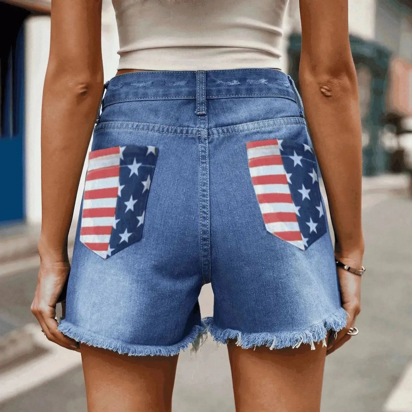 US Flag Distressed Denim Shorts - Bad Moms Club