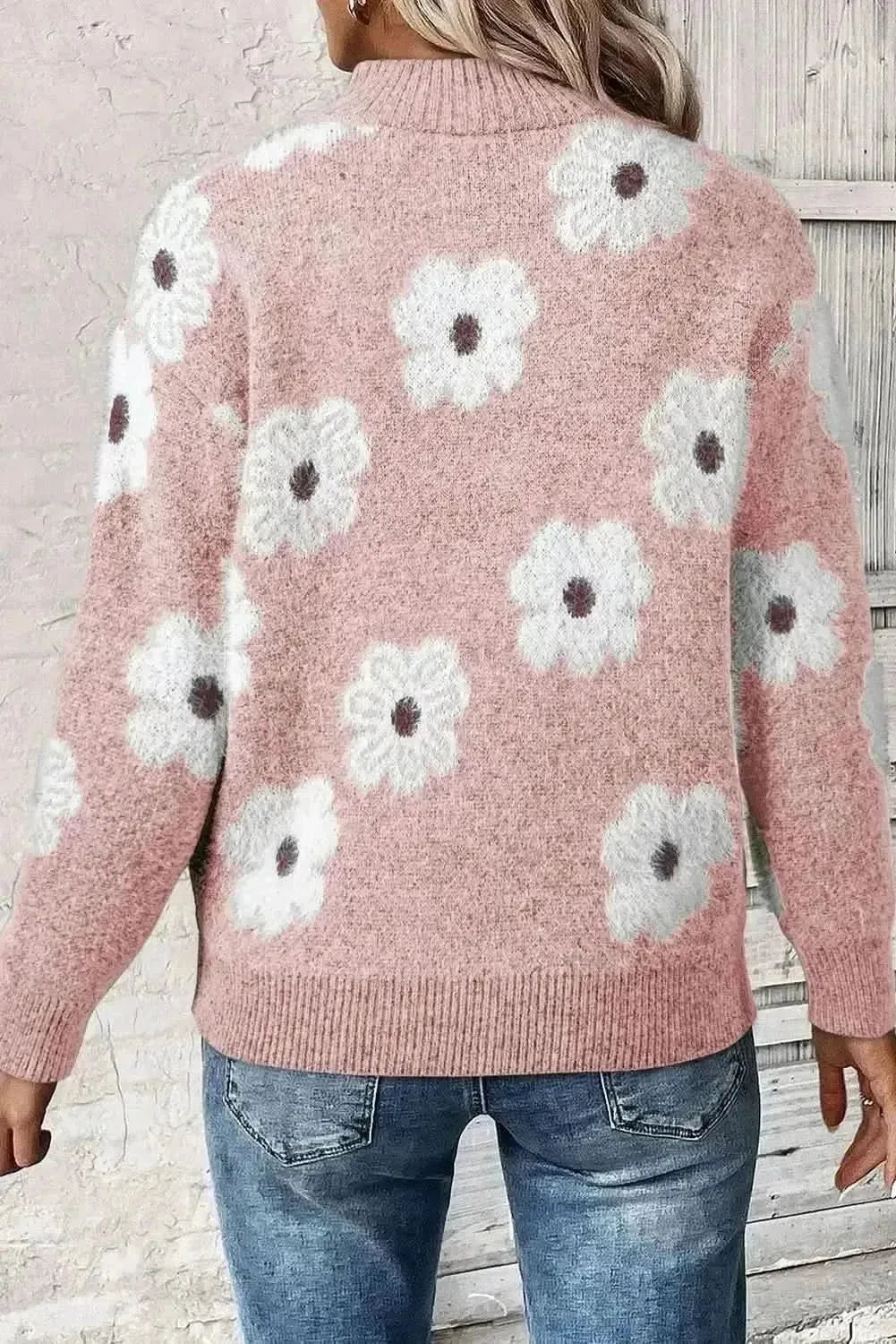 Flower Half Zip Long Sleeve Sweater - Bad Moms Club
