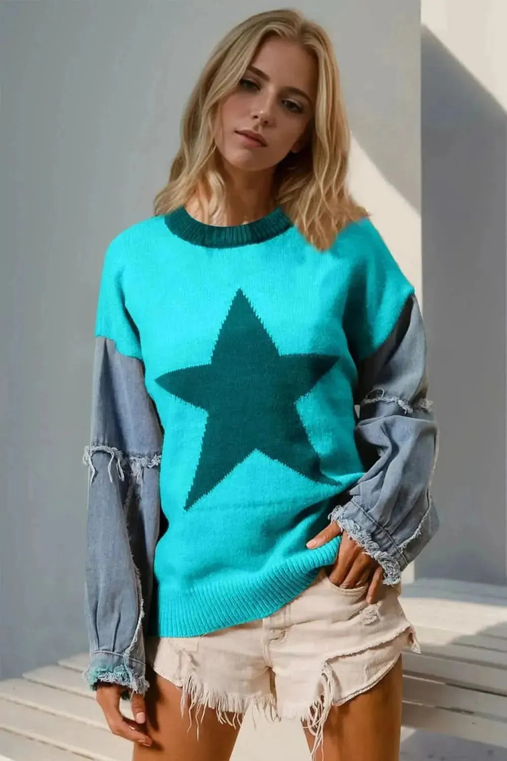 Double Take Full Size Star Pattern Raw Edge Long Sleeve Sweater - Bad Moms Club