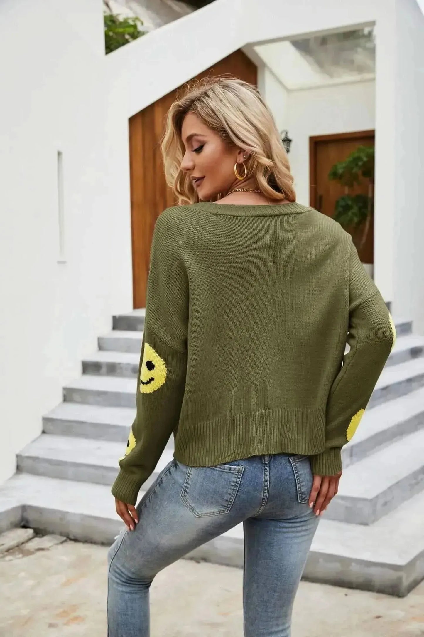 Smiley Face Ribbed Trim V-Neck Cardigan - Bad Moms Club