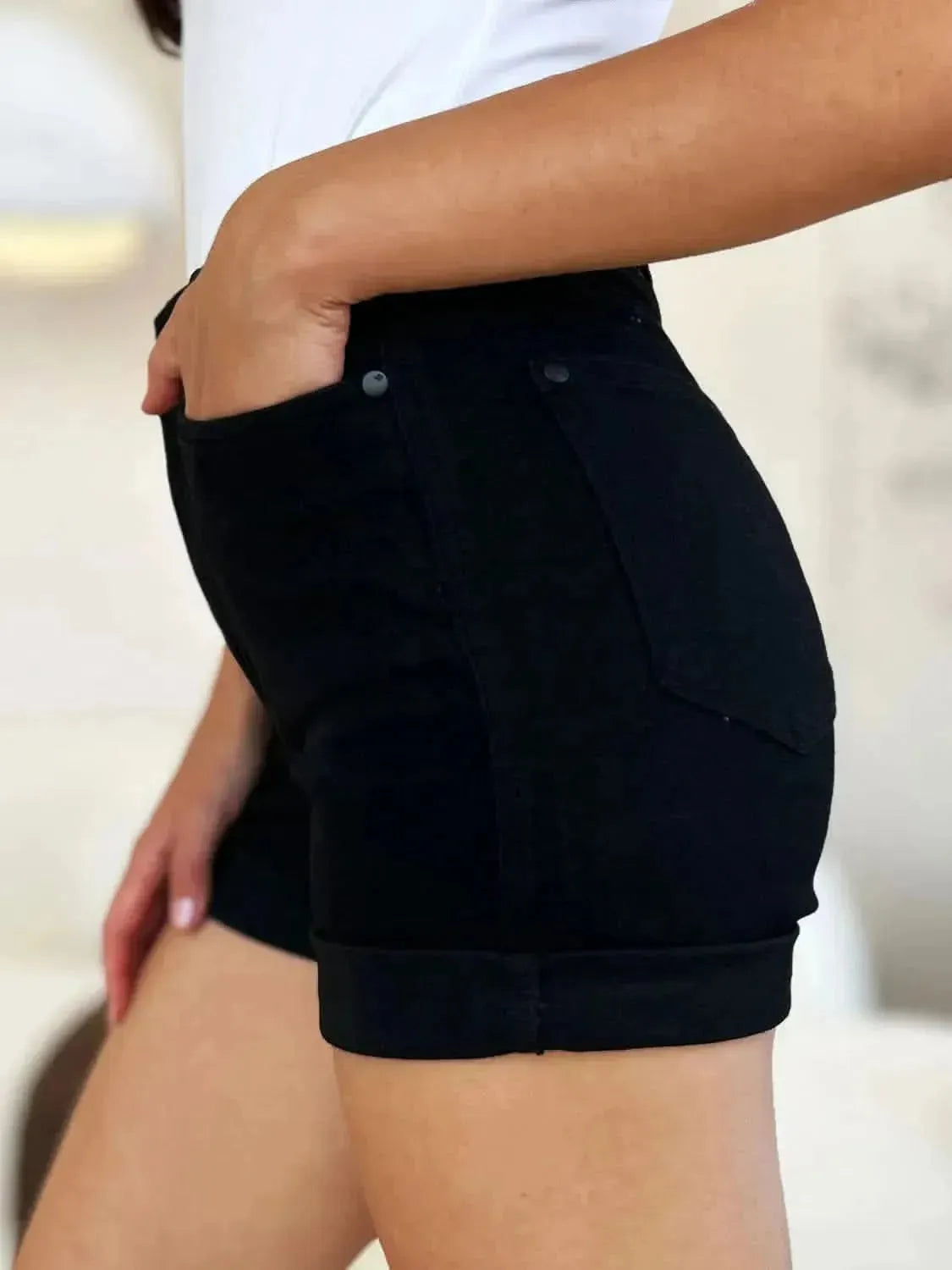 Judy Blue Full Size High Waist Tummy Control Cuffed Denim Shorts - Bad Moms Club
