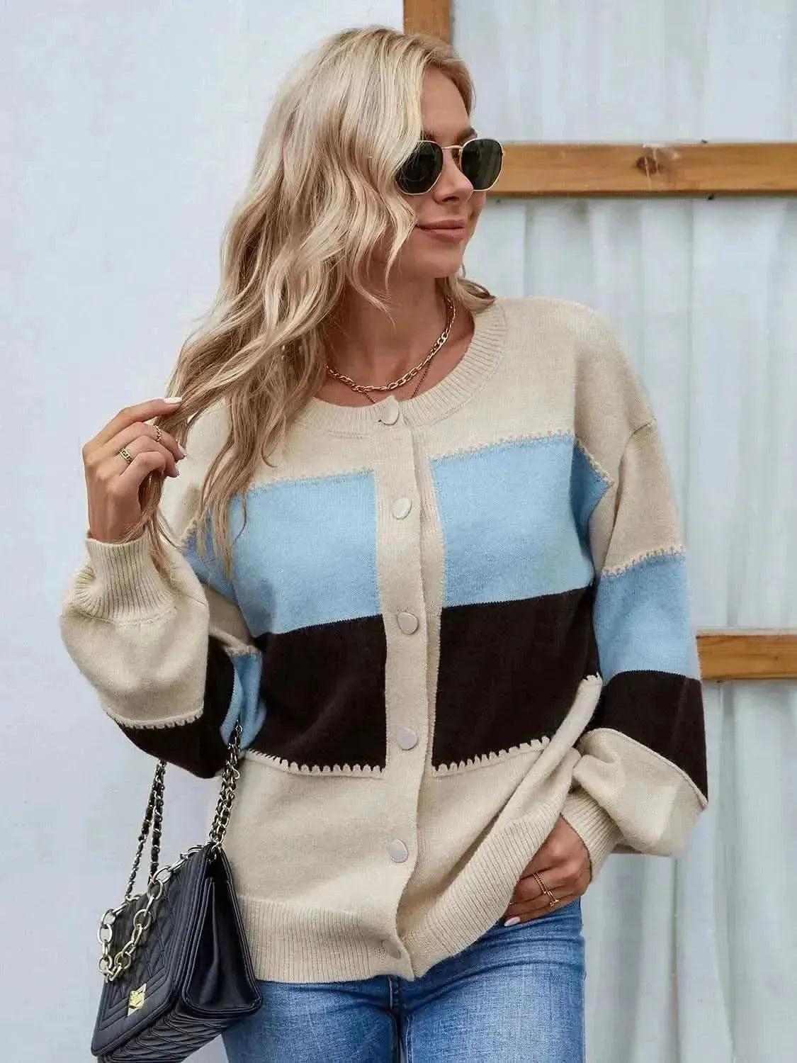 Color Block Button Up Lantern Sleeve Cardigan - Bad Moms Club