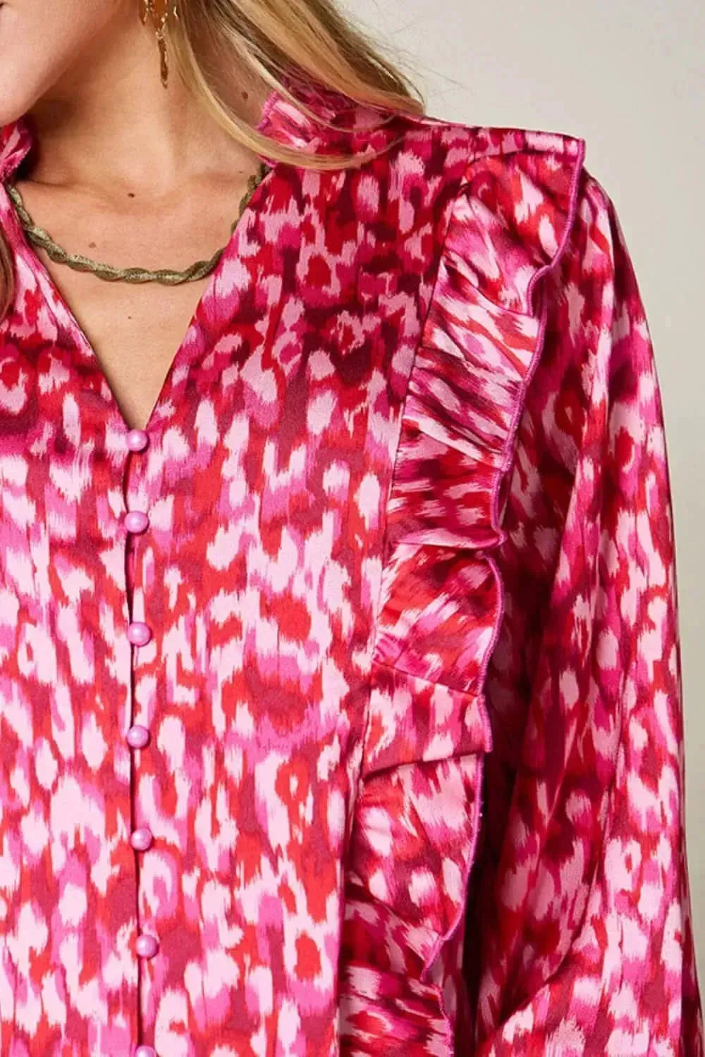 Double Take Full Size Printed Ruffle Trim Balloon Sleeve Shirt - Bad Moms Club