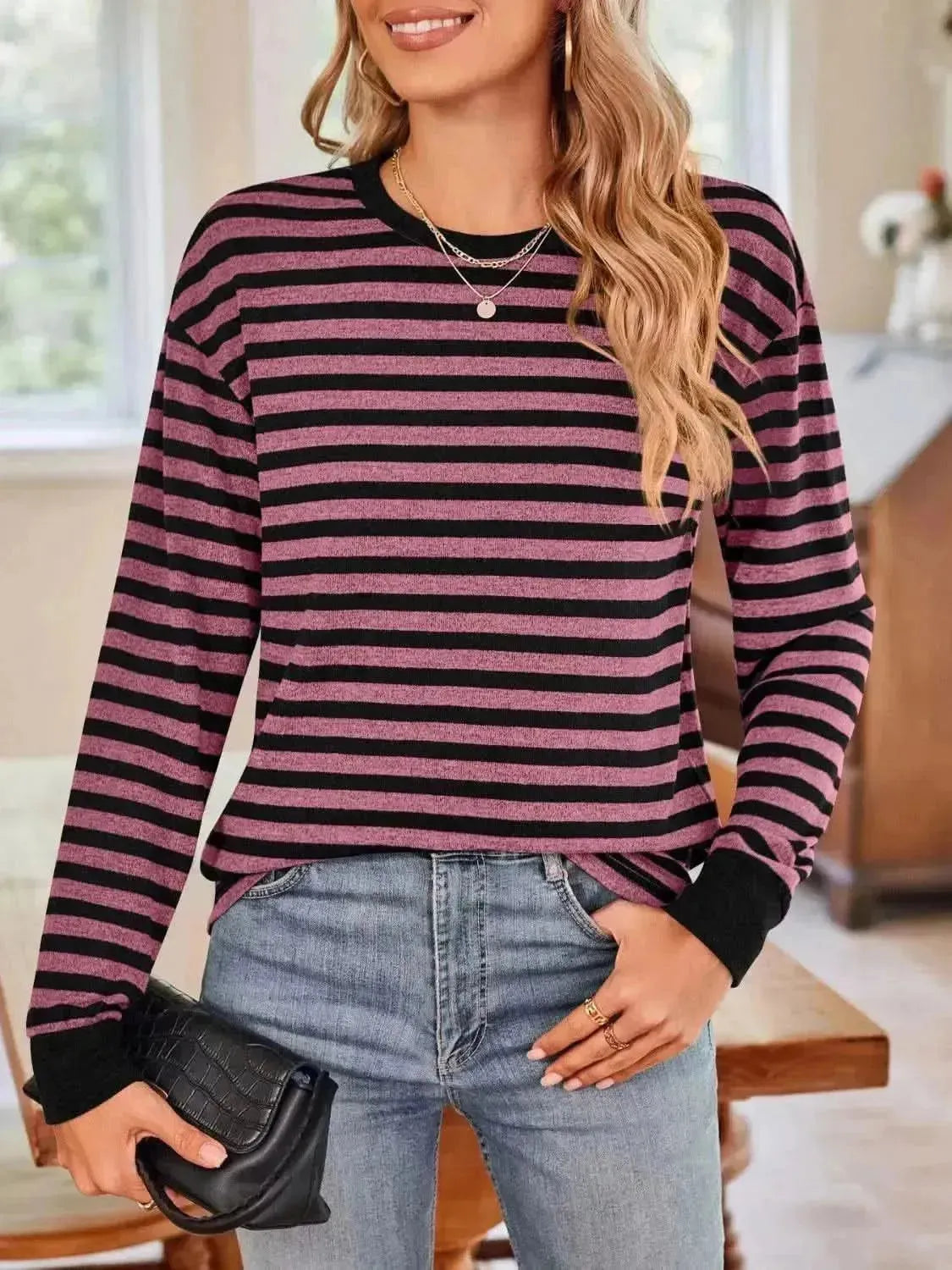 Striped Round Neck Long Sleeve T-Shirt - Bad Moms Club