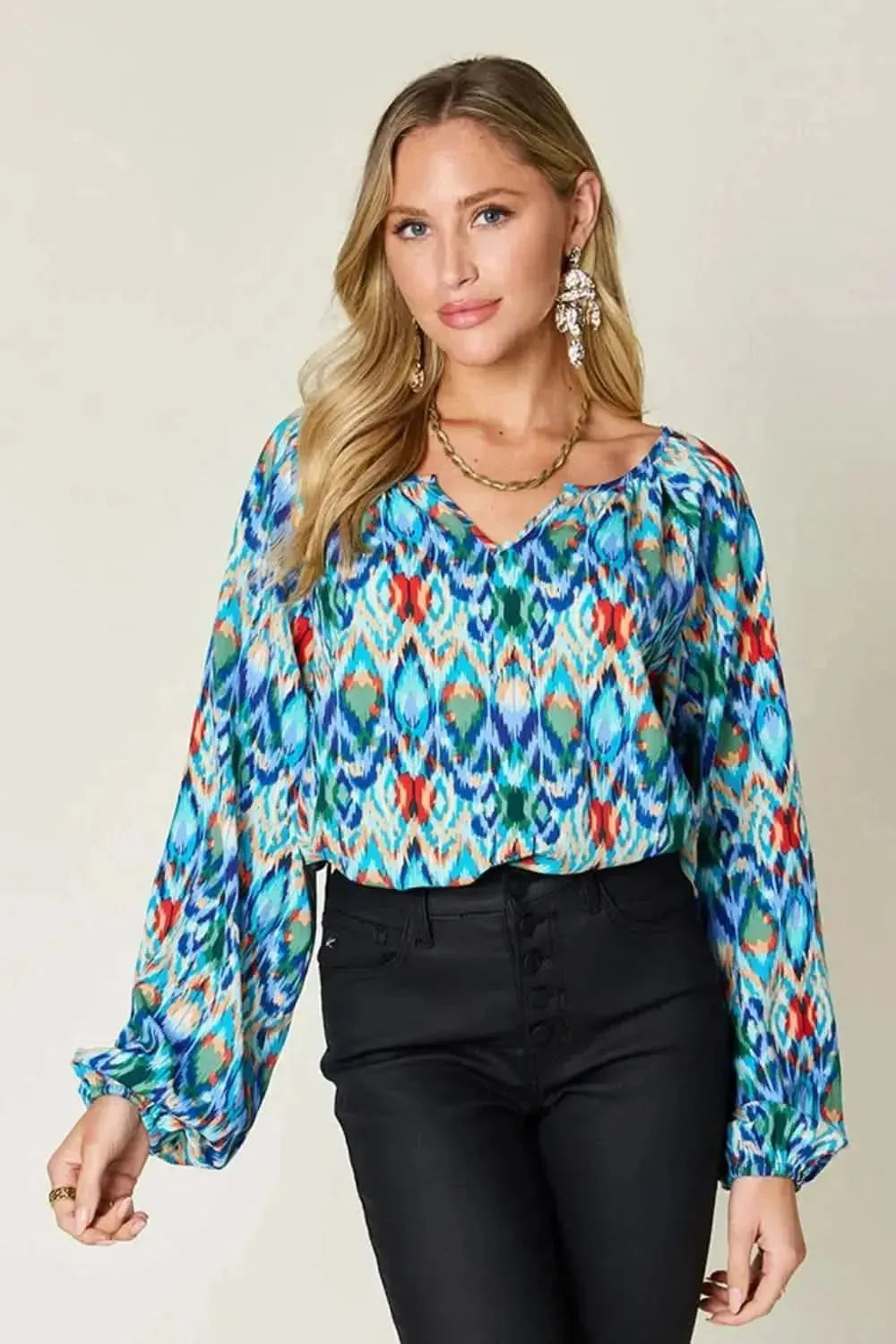 Double Take Full Size Printed Balloon Sleeve Blouse - Bad Moms Club