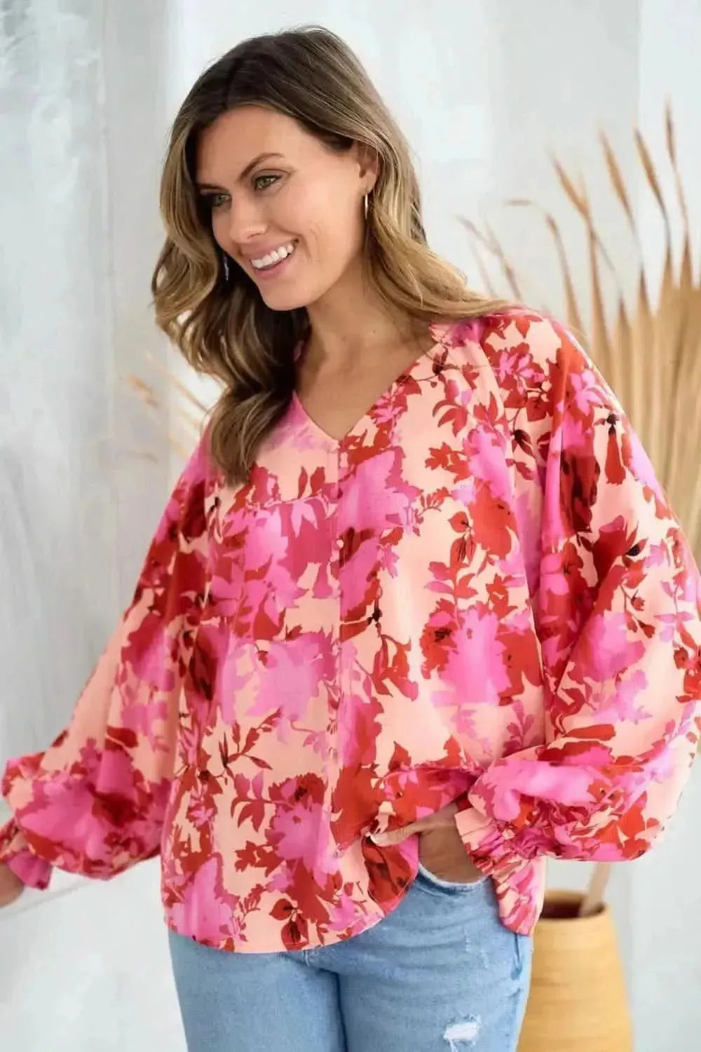 Hailey & Co Ruffle V-Neck Decor Button Floral Blouse - Bad Moms Club