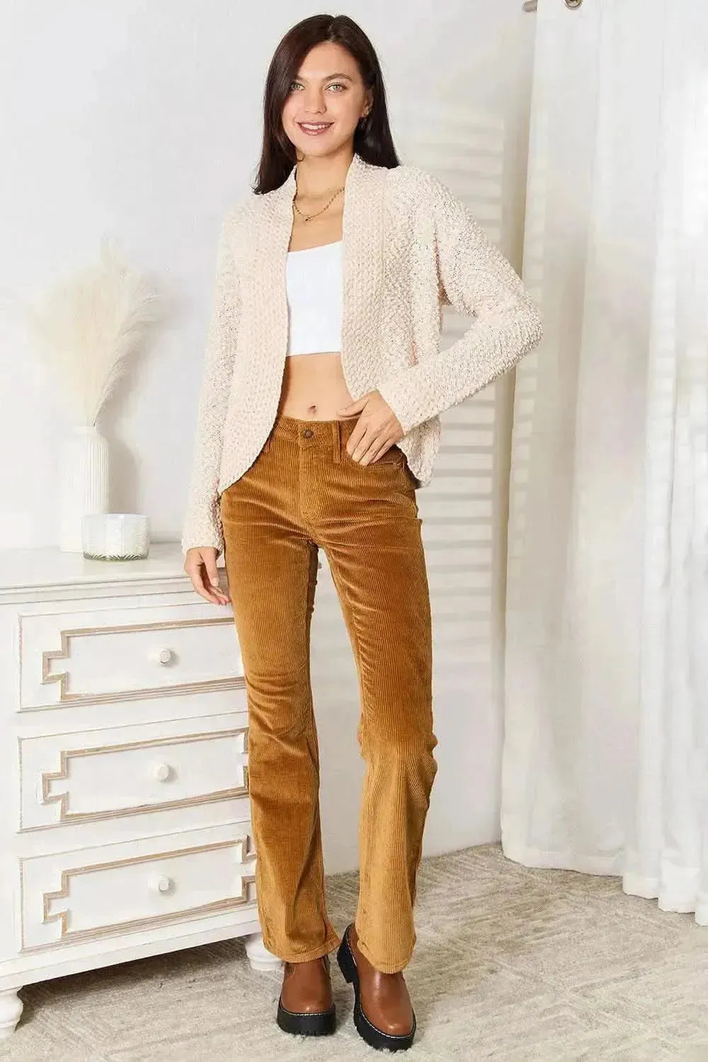 Double Take Open Front Long Sleeve Cardigan - Bad Moms Club