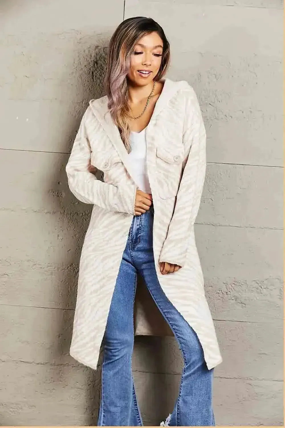 Printed Open Front Hooded Longline Cardigan - Bad Moms Club