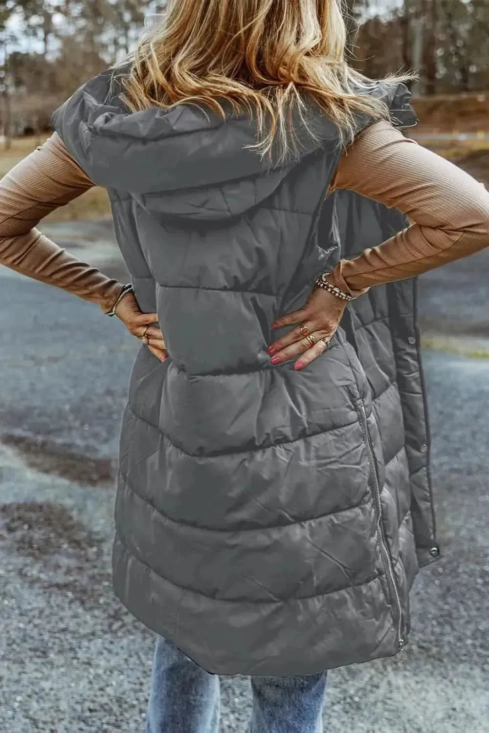 Longline Hooded Sleeveless Puffer Vest - Bad Moms Club