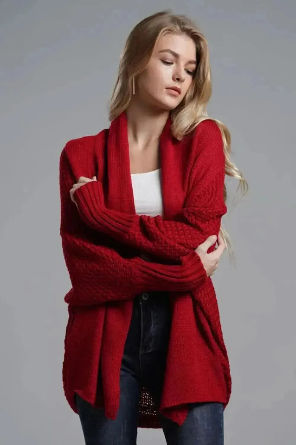 Dolman Sleeve Open Front Ribbed Trim Longline Cardigan - Bad Moms Club