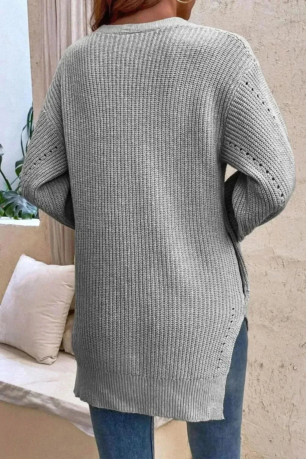 V-Neck Openwork Long Sleeve Cardigan - Bad Moms Club