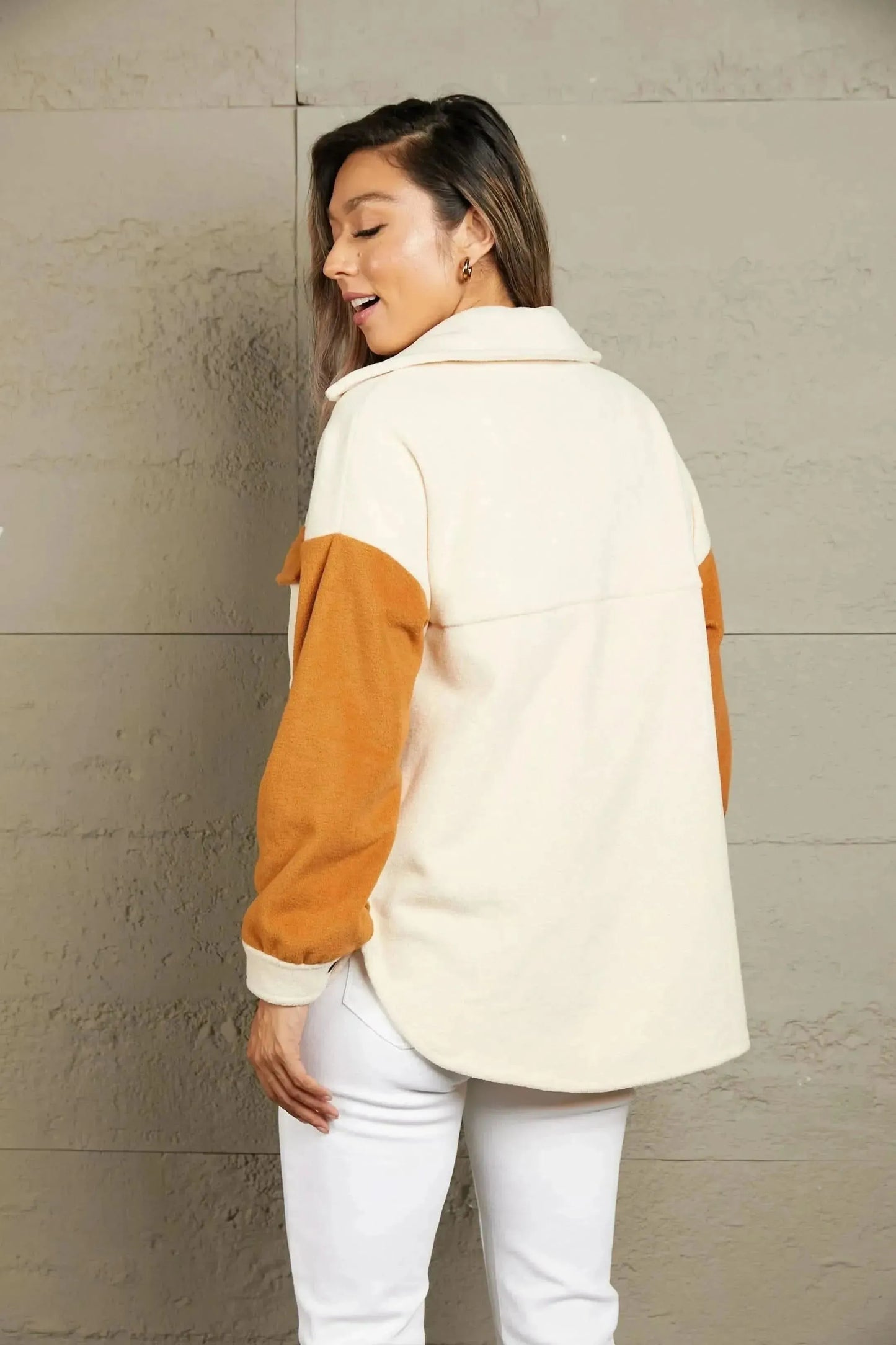 Contrast Button-Up Fleece Jacket - Bad Moms Club