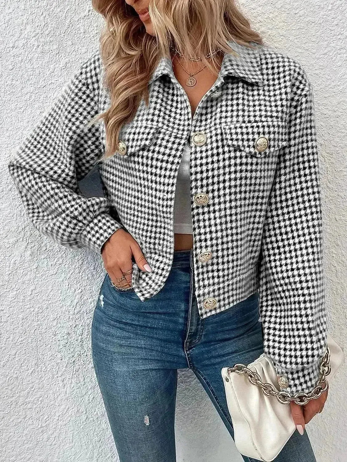 Houndstooth Collared Neck Button Up Jacket - Bad Moms Club