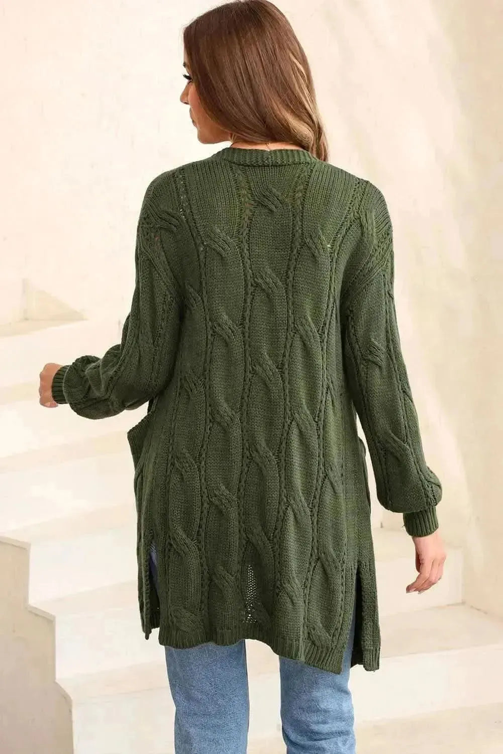 Cable-Knit Dropped Shoulder Slit Cardigan - Bad Moms Club