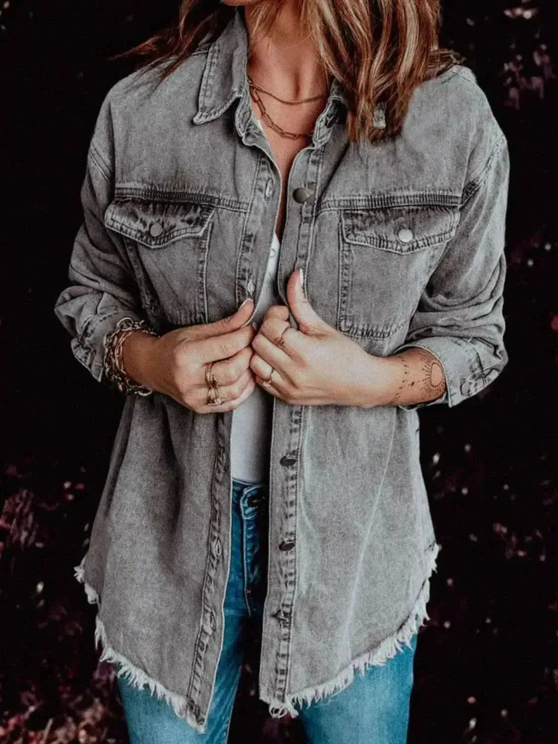 MeiMei Frayed Hem Collared Denim Jacket - Bad Moms Club