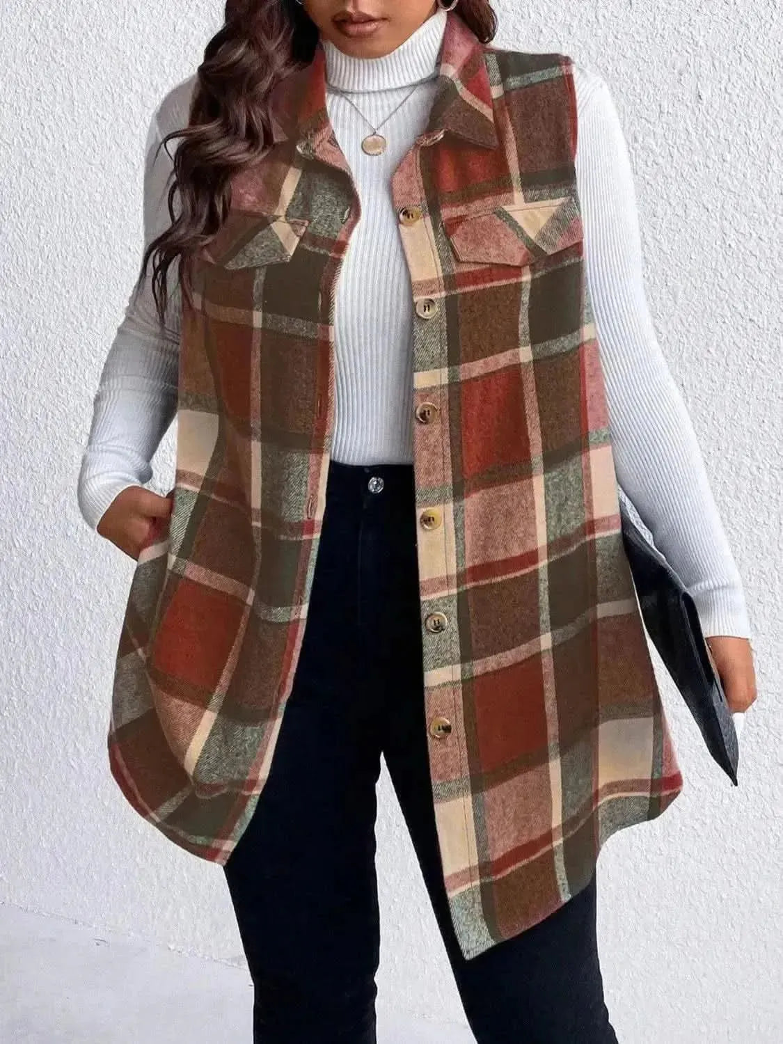 Honey Plus Size Pocketed Plaid Button Up Vest Coat - Bad Moms Club