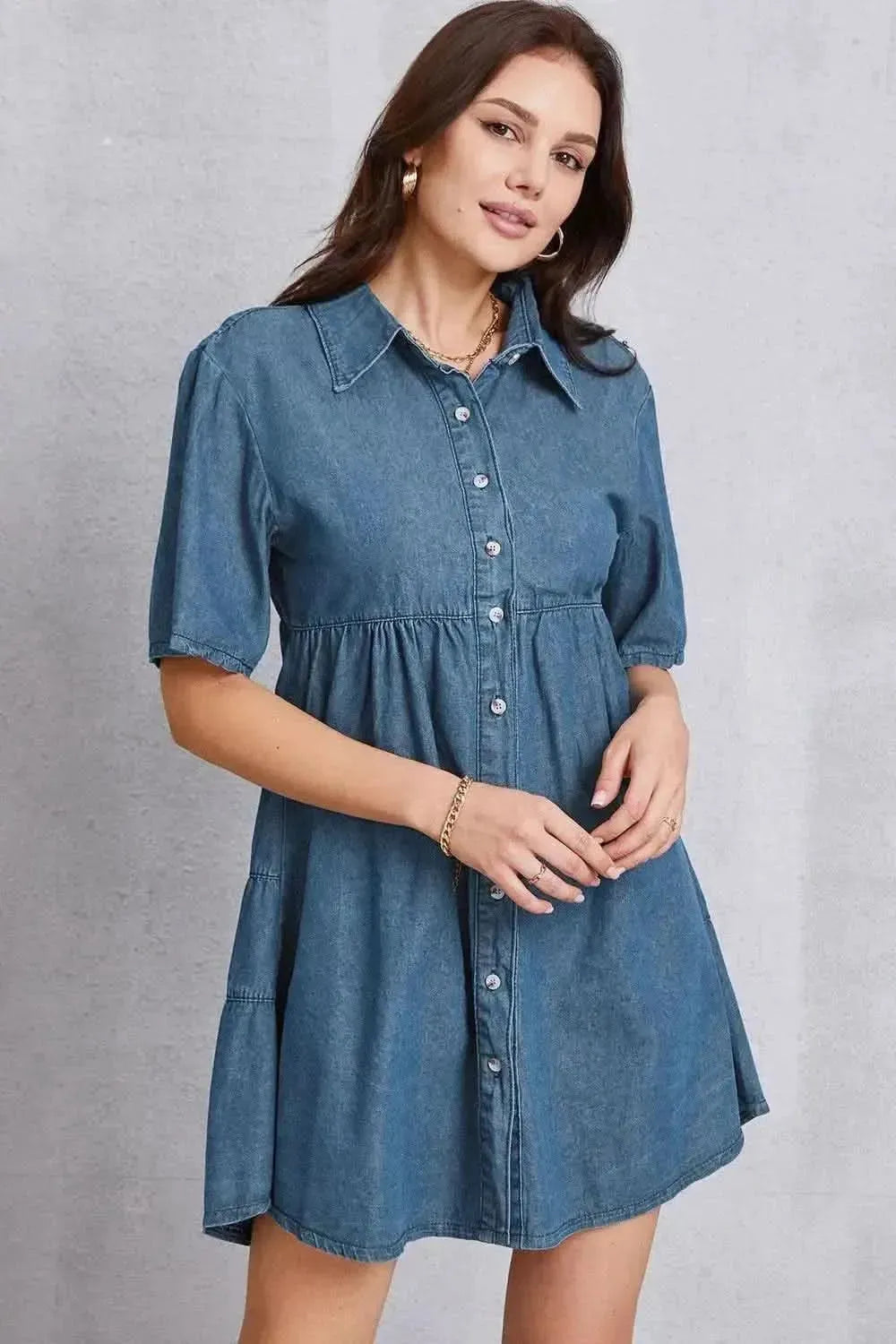 Button Up Collared Neck Tiered Denim Dress - Bad Moms Club