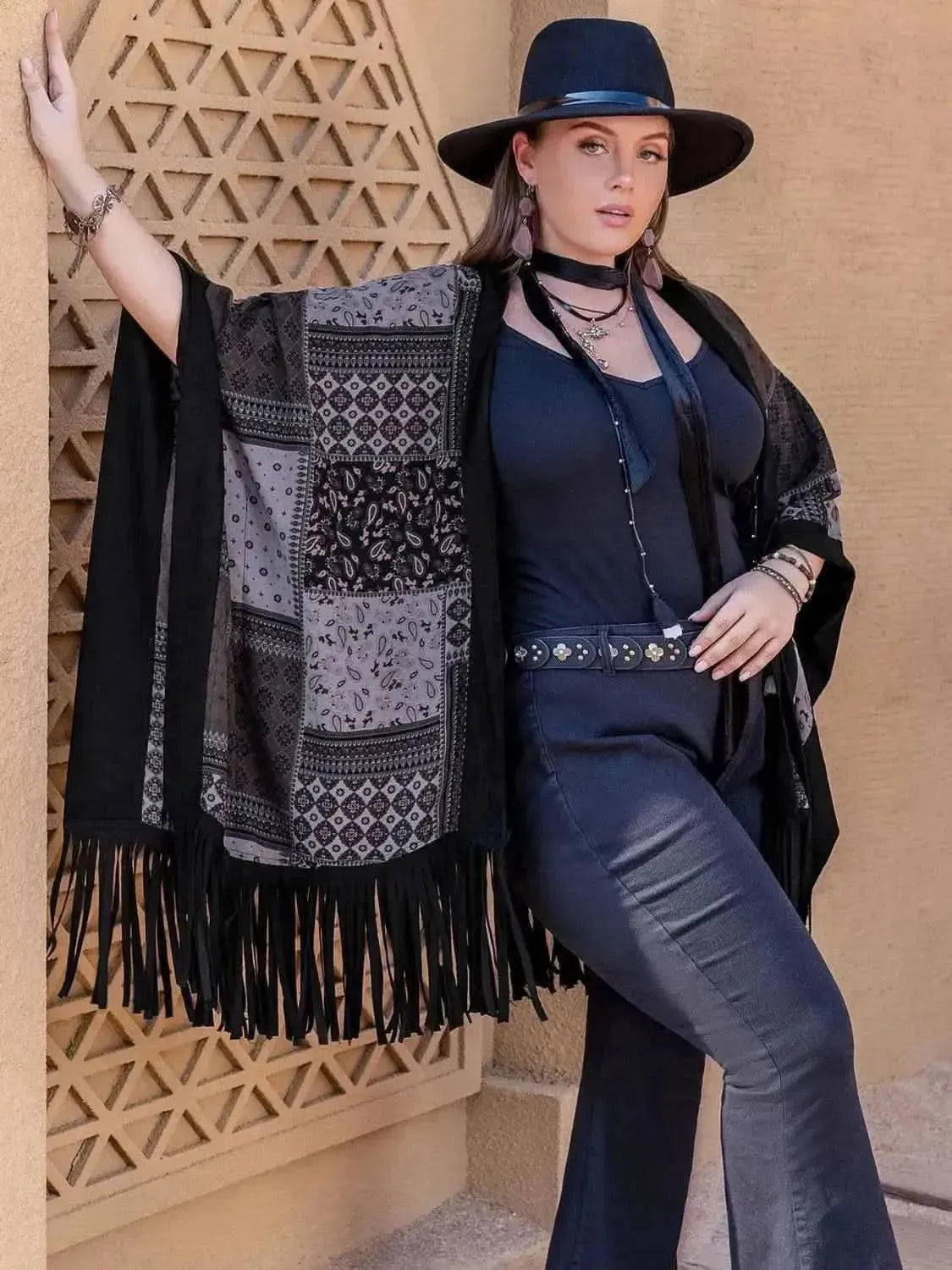 Plus Size Printed Fringe Open Front Outerwear - Bad Moms Club