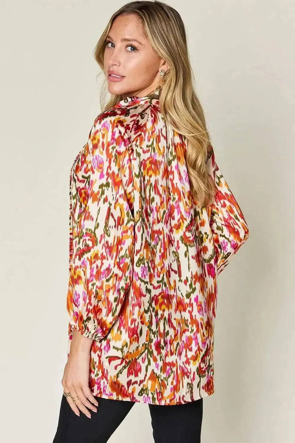 Double Take Full Size Printed Button Up Long Sleeve Shirt - Bad Moms Club