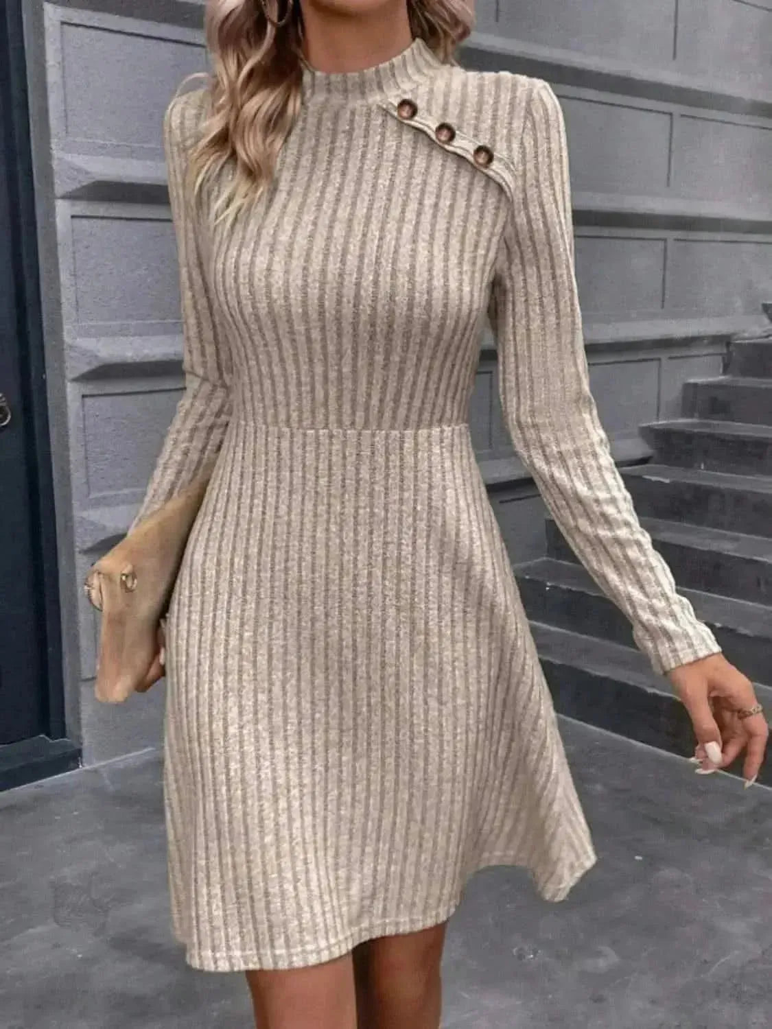 Decorative Button Mock Neck Long Sleeve Sweater Dress - Bad Moms Club