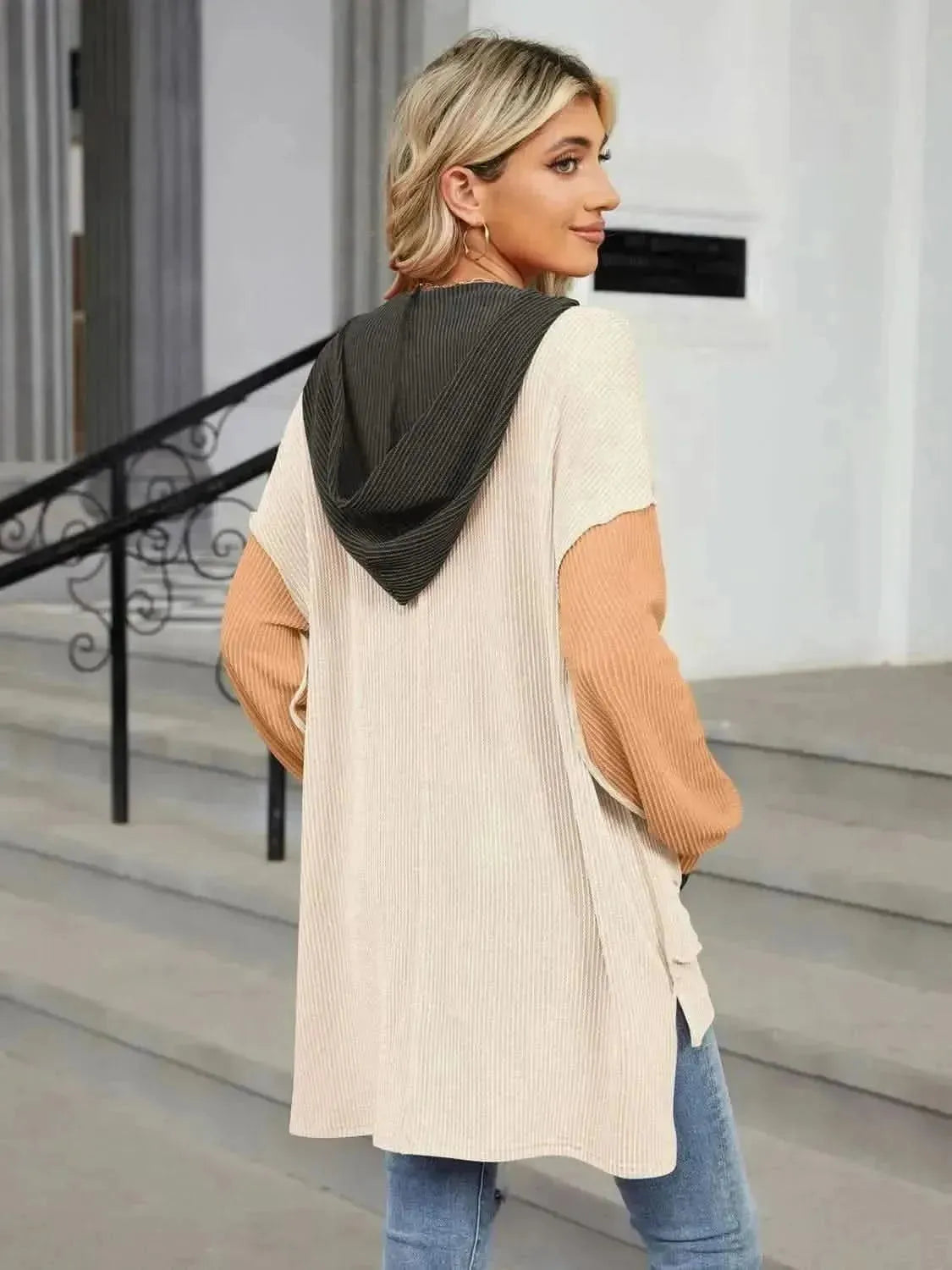 Double Take Contrast Hooded Long Sleeve Top - Bad Moms Club