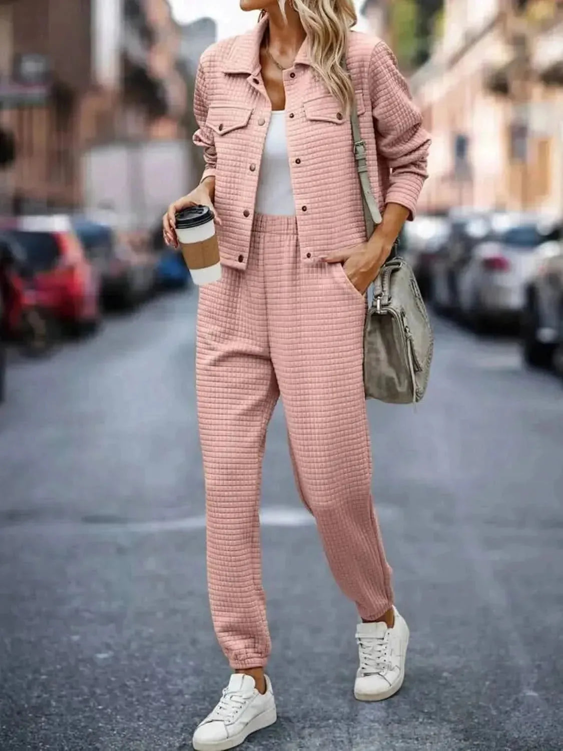 Plaid Texture Snap Down Top and Pants Set - Bad Moms Club