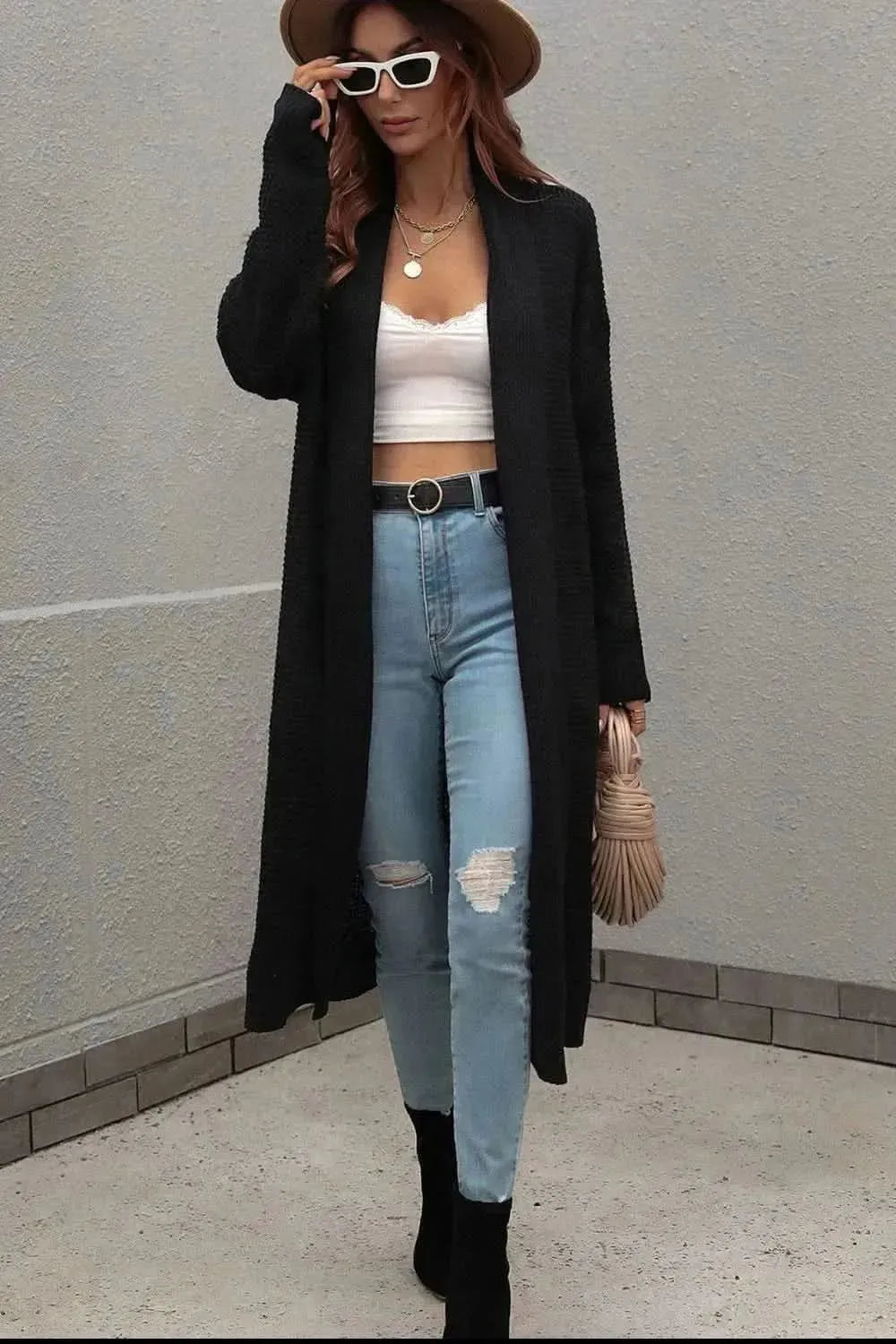 Waffle Knit Open Front Duster Cardigan With Pockets - Bad Moms Club