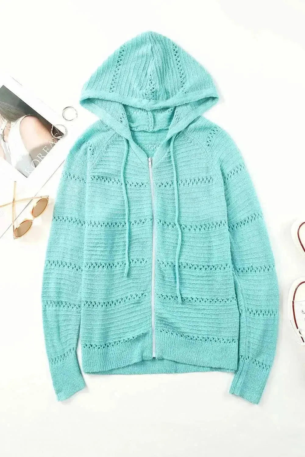 Zip-Up Raglan Sleeve Openwork Hooded Cardigan - Bad Moms Club